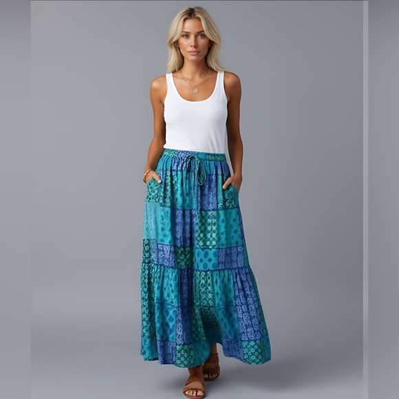By Design Dresses & Skirts - Boho Patchwork Print Maxi Skirt Blue
